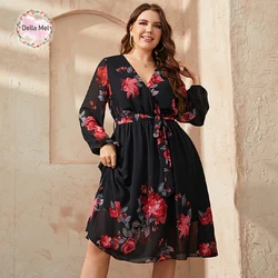 Della Mel Plus Size Floral Print V Neck Midi Belted Dress Women Casual Clothing Black Long Sleeve Party Elegant Vintage Dresses