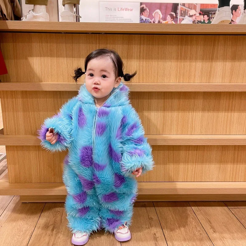 Lindo disfraz de monstruo Sully para niños, traje divertido de Halloween para bebé, niño y niña, ropa de Cosplay de invierno, pelele suave y cálido, traje azul