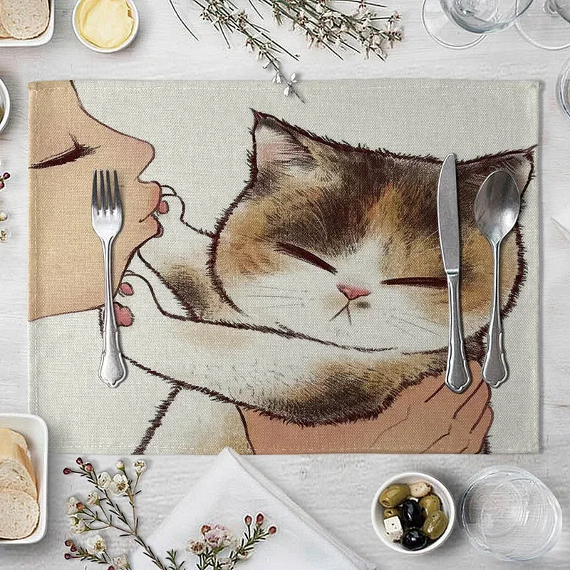 45x32cm Linen Print Table Mat Cute Cat Cartoon Animal Pattern Placemats For Children Kids Kitchen Dining Place Pads