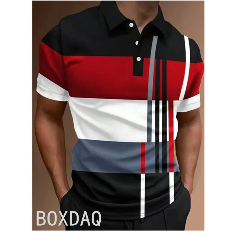 3D Colorful Stripe Pattern Print Polo Shirt Short Sleeve Laper With Button Sport Polo Shirt Plus Size Men's Harajuku Casual Polo