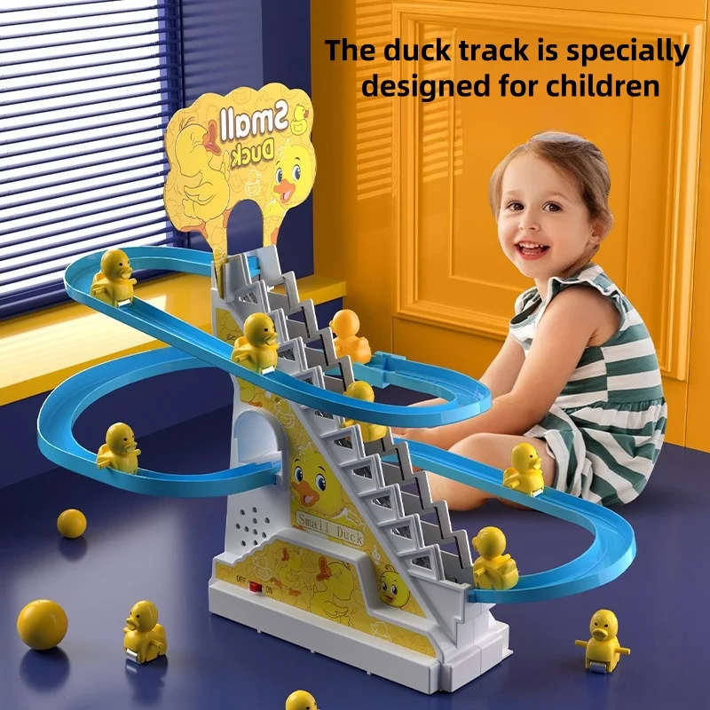 

Hot sale new cute little yellow duck automatic climbing stairs track electric sound and light with music educational toy