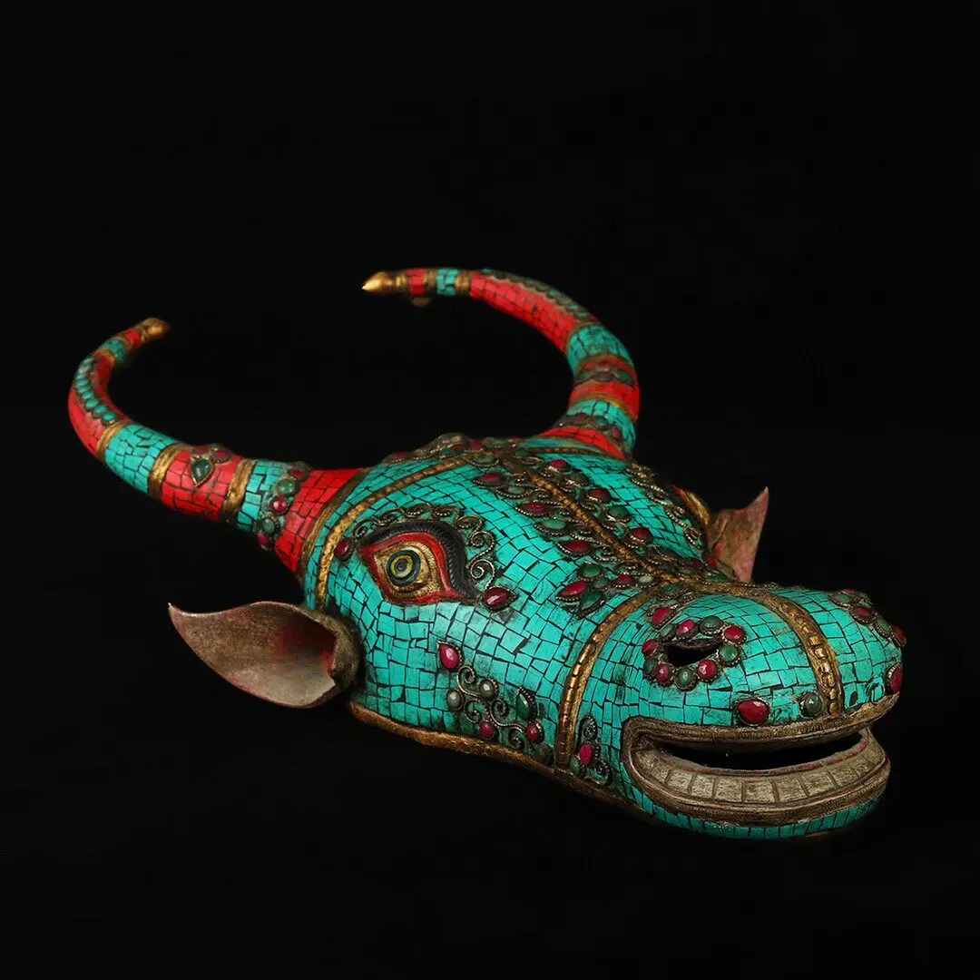 Nepal Pure Copper Bull Head Mask Gem Inlaid Painted Wall Hanging Home Decor Feng Shui Ornament