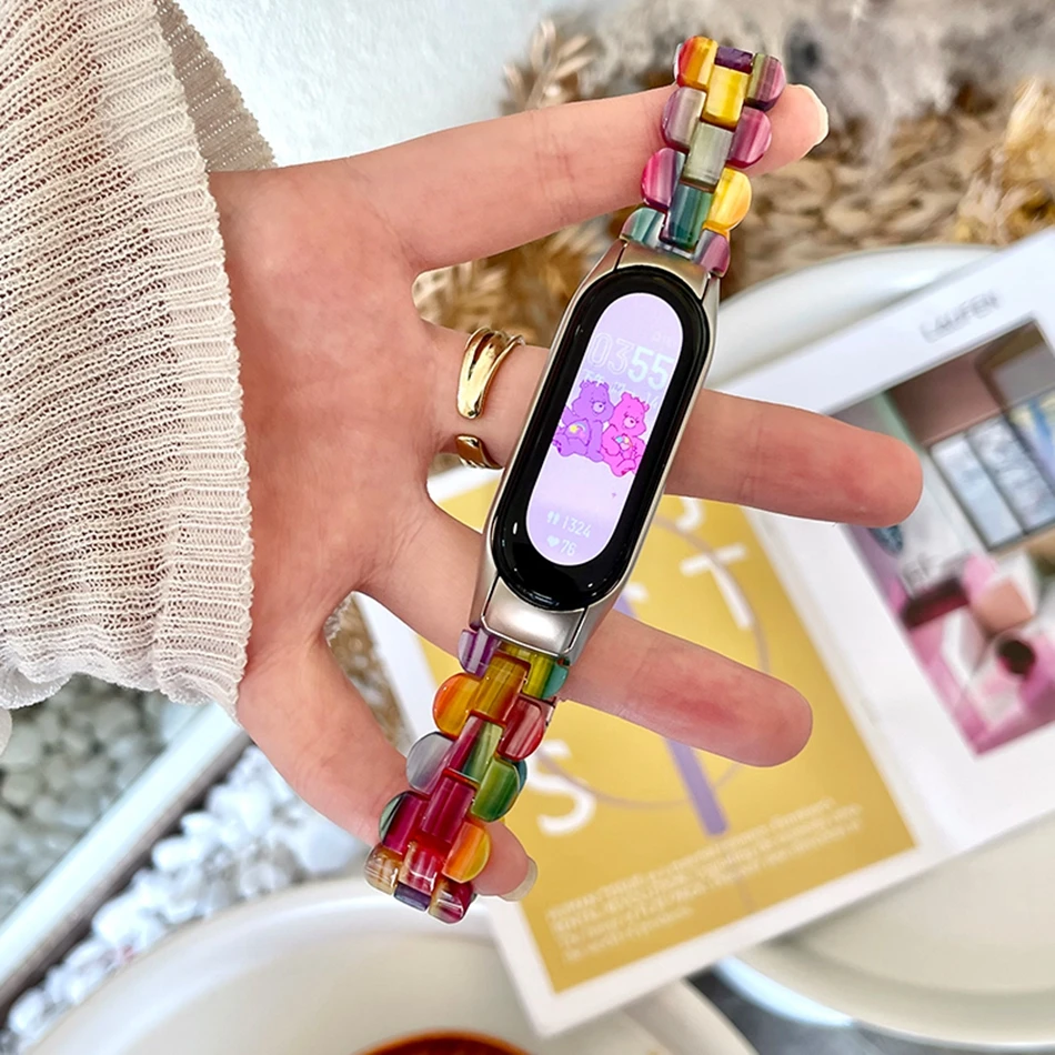 สายนาฬิกาสำหรับ Xiaomi Mi band 8 7 6 5สายรัดข้อมือทำจากเรซินสุดหรูเคสนาฬิกาโลหะแฟชั่นสำหรับ miband 5 6 4 3 watchband Correa