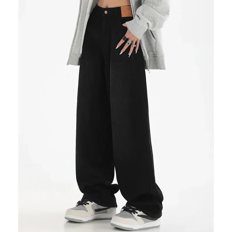 امرأة عالية الخصر سليم صالح واسعة الساق الجينز الإناث شارع العليا Y2k 2000s سراويل تقليدية سيدة موضة أسود أزرق فضفاض سراويل جينز #4