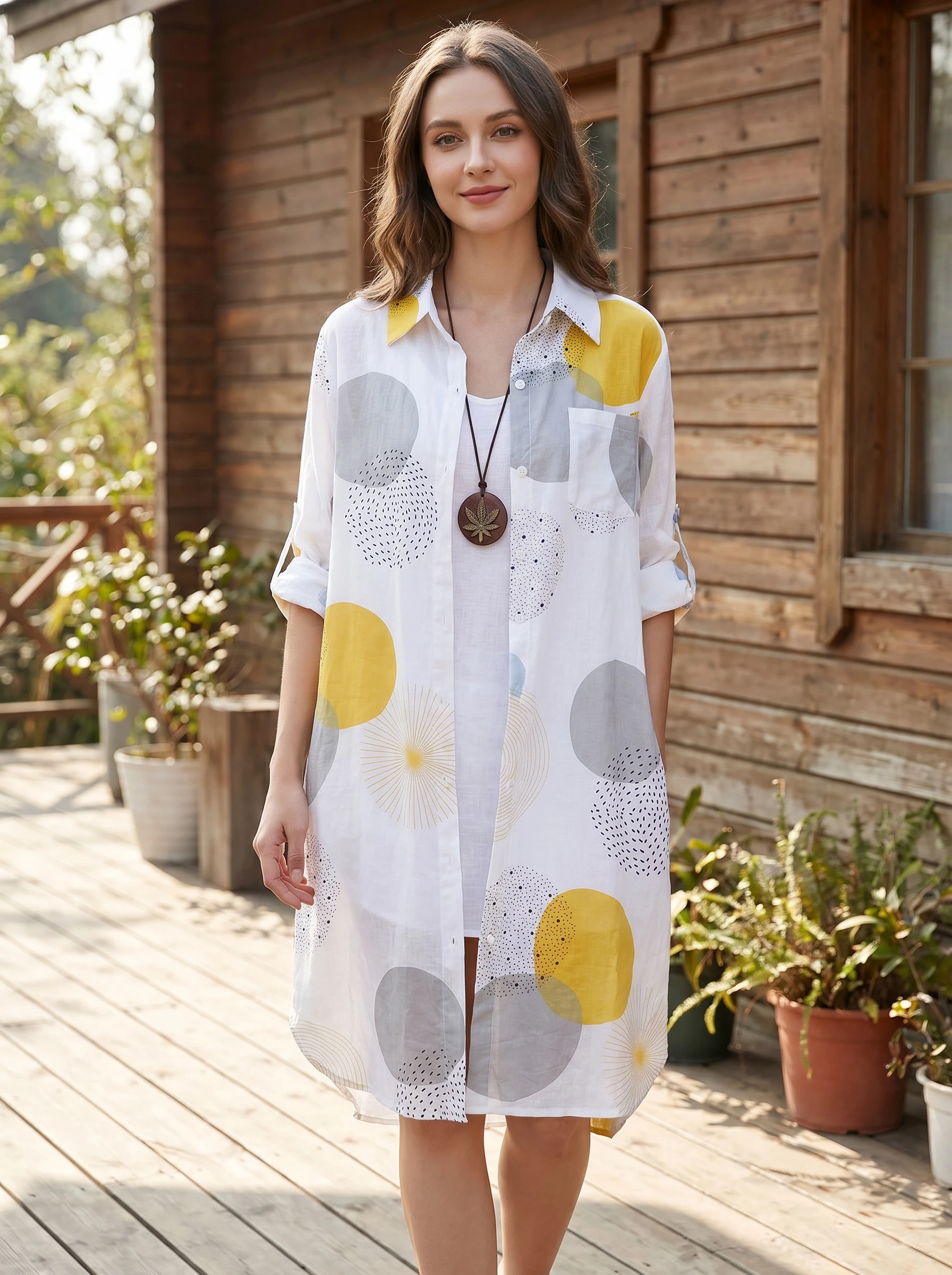 Plus Size Loose Print Blouse Women Cotton Shirt Female Mid Length Autumn Long Sleeved Blouse Casual Winter Korean Style Shirt
