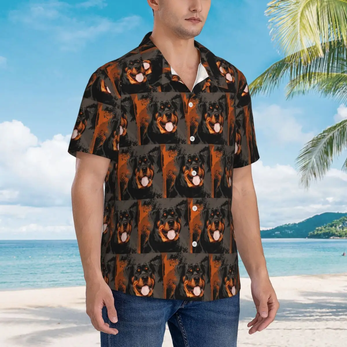 Rottweiler - Metzgerhund Digital Art Hawaiian Shirts Casual Men Short Sleeve Shirt for Summer Beach Men's Button Tops