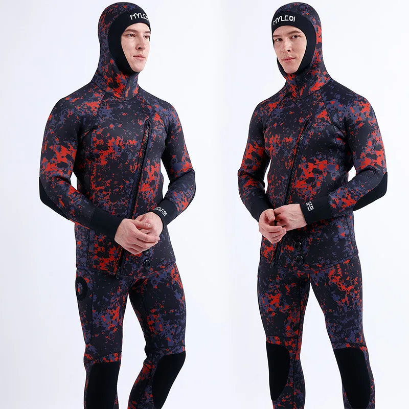 5mm Neoprene Split Wetsuit with Hood for Spearfishing Thicken Camouflage Lining  Fish Hunting Clothes with Towel for Diving