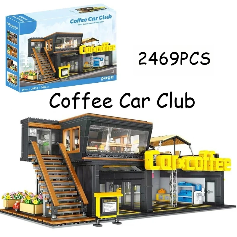 

2469PCS Classic Street View Coffee Car Club,MOC Creative City Coffee Shop Model Bricks Assembling Building Block DIY Toys Gifts