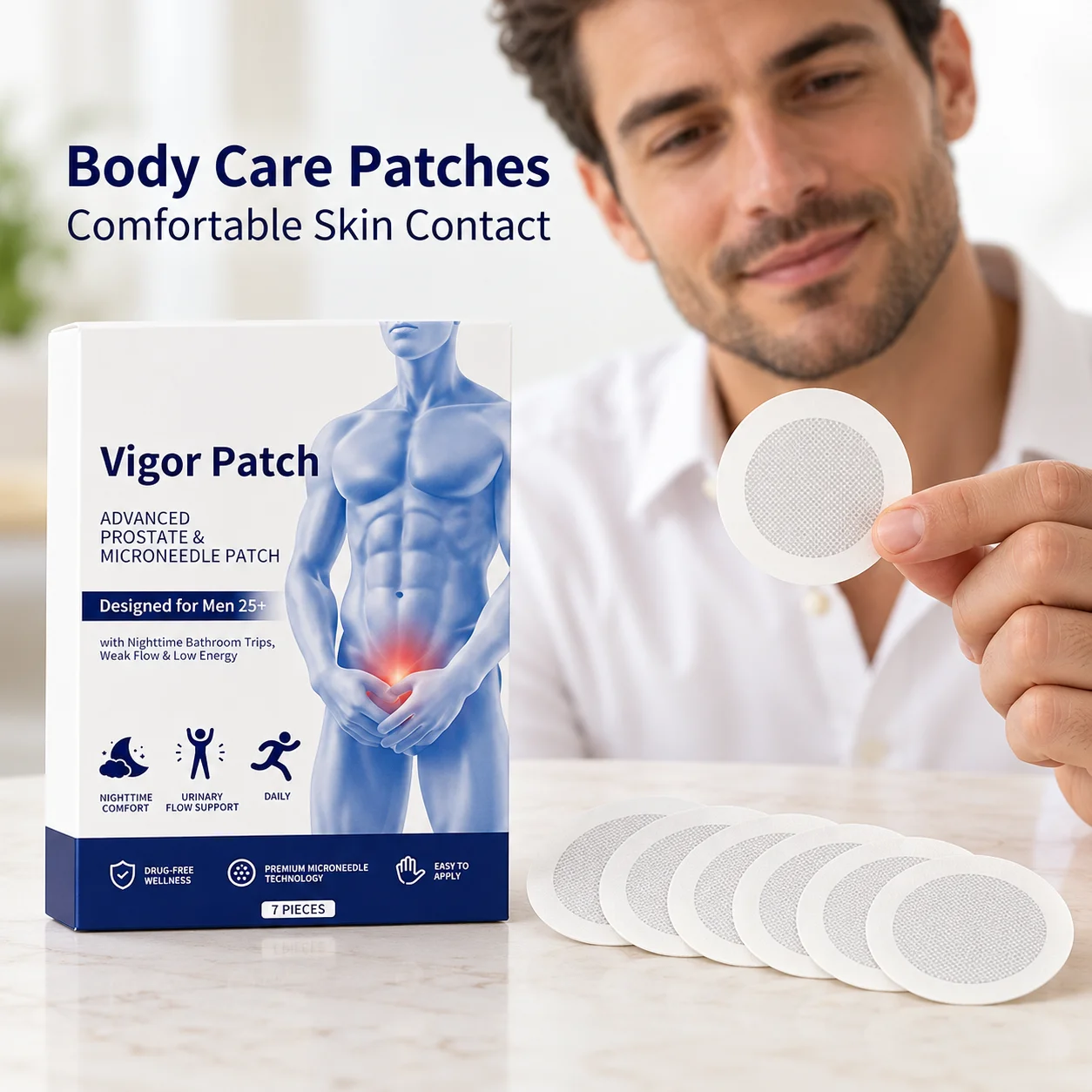 Moisturizing Body Patches With A Microneedle Design For Men Featuring Round White Backings In A Seven Piece Box For Skin Care