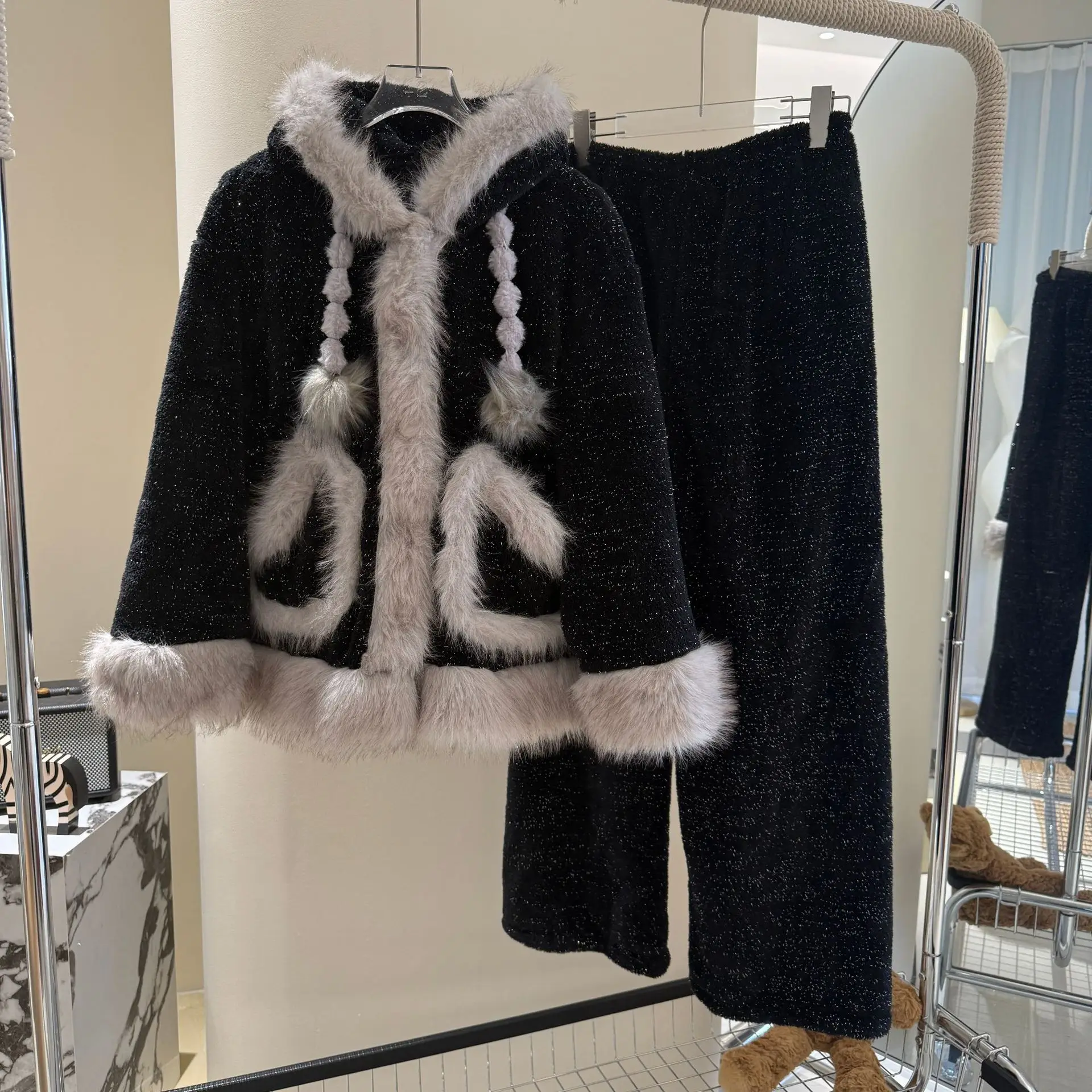 

Luxury Fur Thicken Velvet Hooded Cardigan Winter Warm Sleepwear Women Pajama Pocket Pajama Sets Trousers Home Suit Loungewear