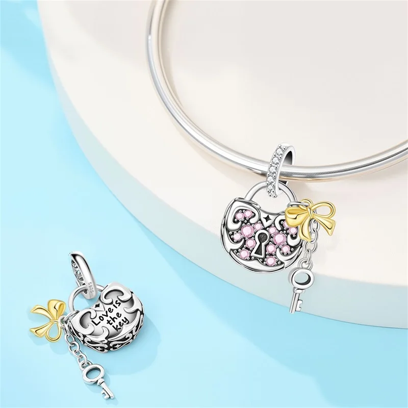 Original 925 Sterling Silver Nostalgic Love Lock Charms Beads CZ Zircon For Women Girls Fine Birthday Anniversary Jewelry Gifts