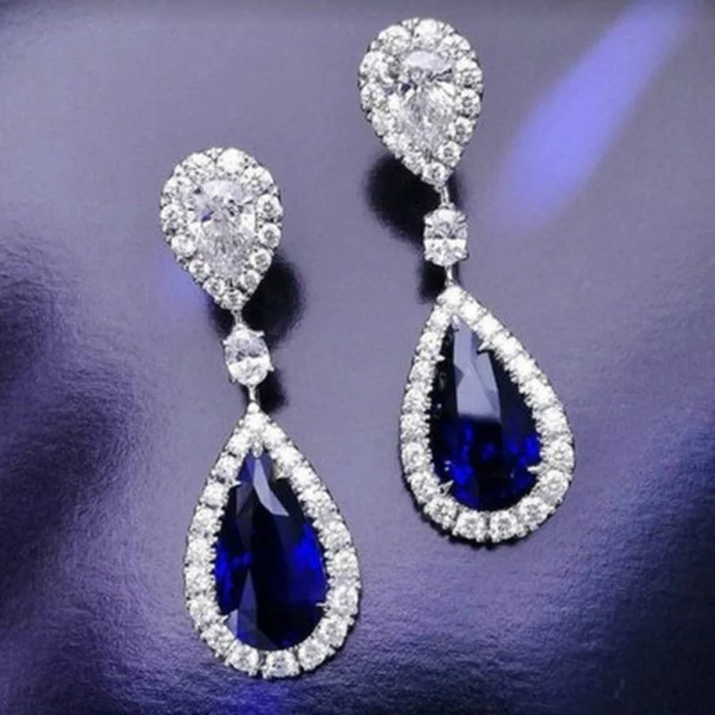 Luxury Womens Earrings Drop Blue Zircon White Pendant Engagement Wedding Earrings Party Jewelry Gift Earrings for Women Ear Ring