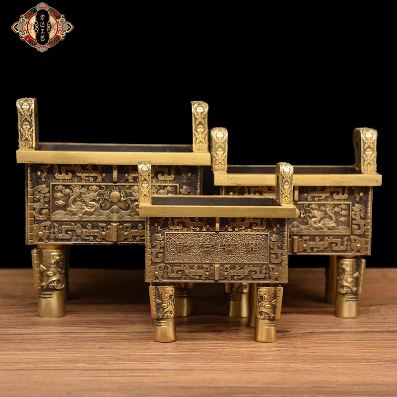 Brass die-cast double dragon playing with pearls Four-sided bronze tripod Wealth Treasure Bronze Ornament