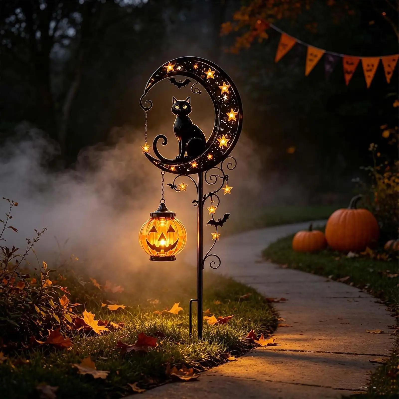 Solar Yard Light Spooky Decorative Auto On Warm Glow Halloween Black Cat Pumpkin Light For Patio Yard Lawn Pathway Porch Walkway