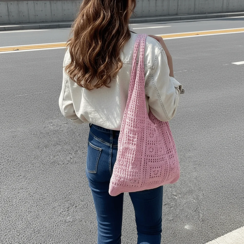 

Solid Color Knitting Shoulder Bag Woven Hollow Beach Tote Bag Large Capacity Bohemian Style Shopping Handbag Summer