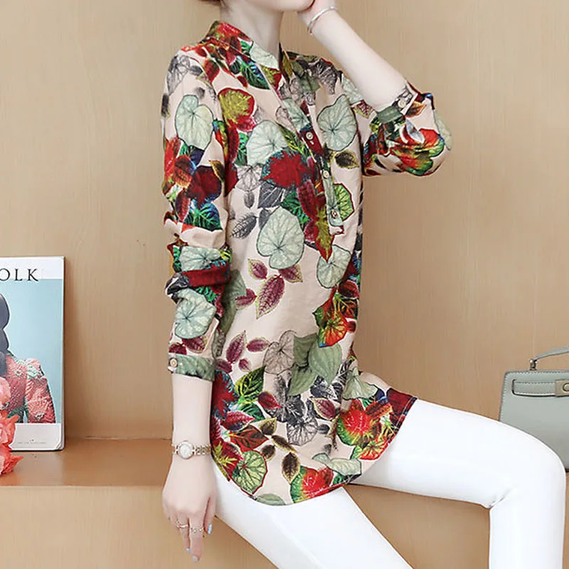 Women\'s Printed V-Neck Long Sleeve Shirt Korean Casual Elegant Button Midi Slim Pullovers Blouse Fashion Female Clothing 2022