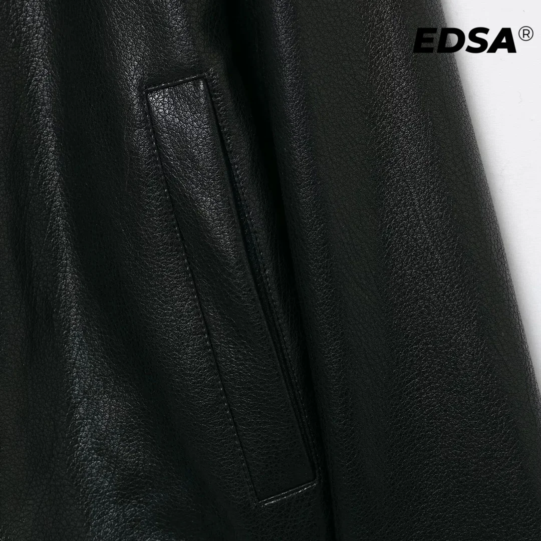 Veste en cuir PU pour femmes EDSA, noire, fermeture éclair sur le devant, col à revers, manches longues, vêtement d'extérieur décontracté pour femmes