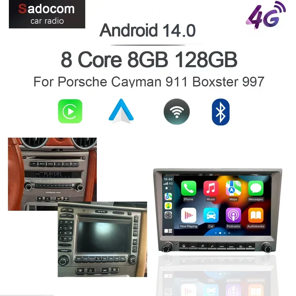 Grey 720P CarPlay 8' Android 14.0 Car DVD Player 8 Core 4GB DSP Multimedia GPS Autoradio For Porsche 911 997 987 Cayman Boxster
