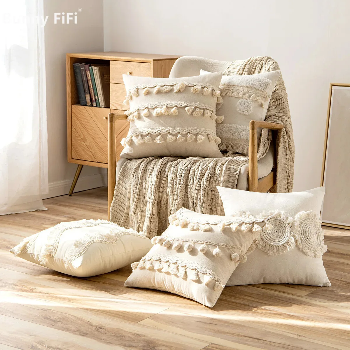 Moroccan Beige Tufted Fringed Cushion Cover Cotton Linen Wabi-sabi Tassel Crochet Pillow Covers Decorative Home Decoration