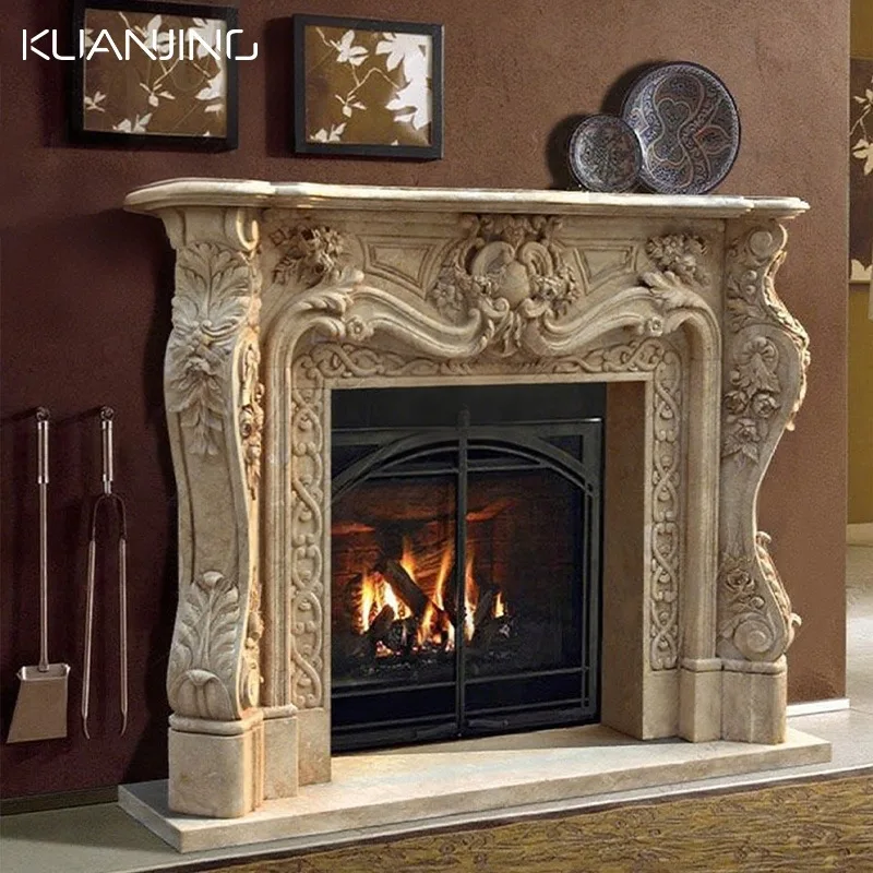 Customized Hand Carving Natural Stone Marble Fireplace Mantel Surround Modern European Freestanding Heating Color 5 Living Room
