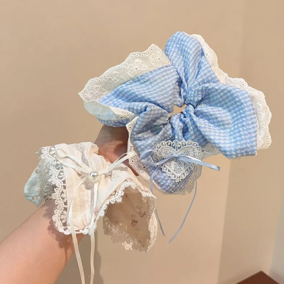 

Korean Lace Large Scrunchie Ring Women Blue Plaid Square Scarf Hair Band Back Head Ball Head Ponytail Headgear Hair Tie HP01