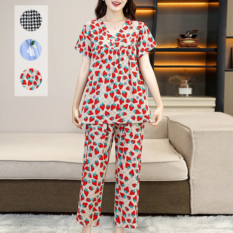 plus size Women\'s Cotton Pajamas Set Short Sleeve Long Pants Kimono Robe Summer Thin Elderly Mom Synthetic Cotton Home Clothing