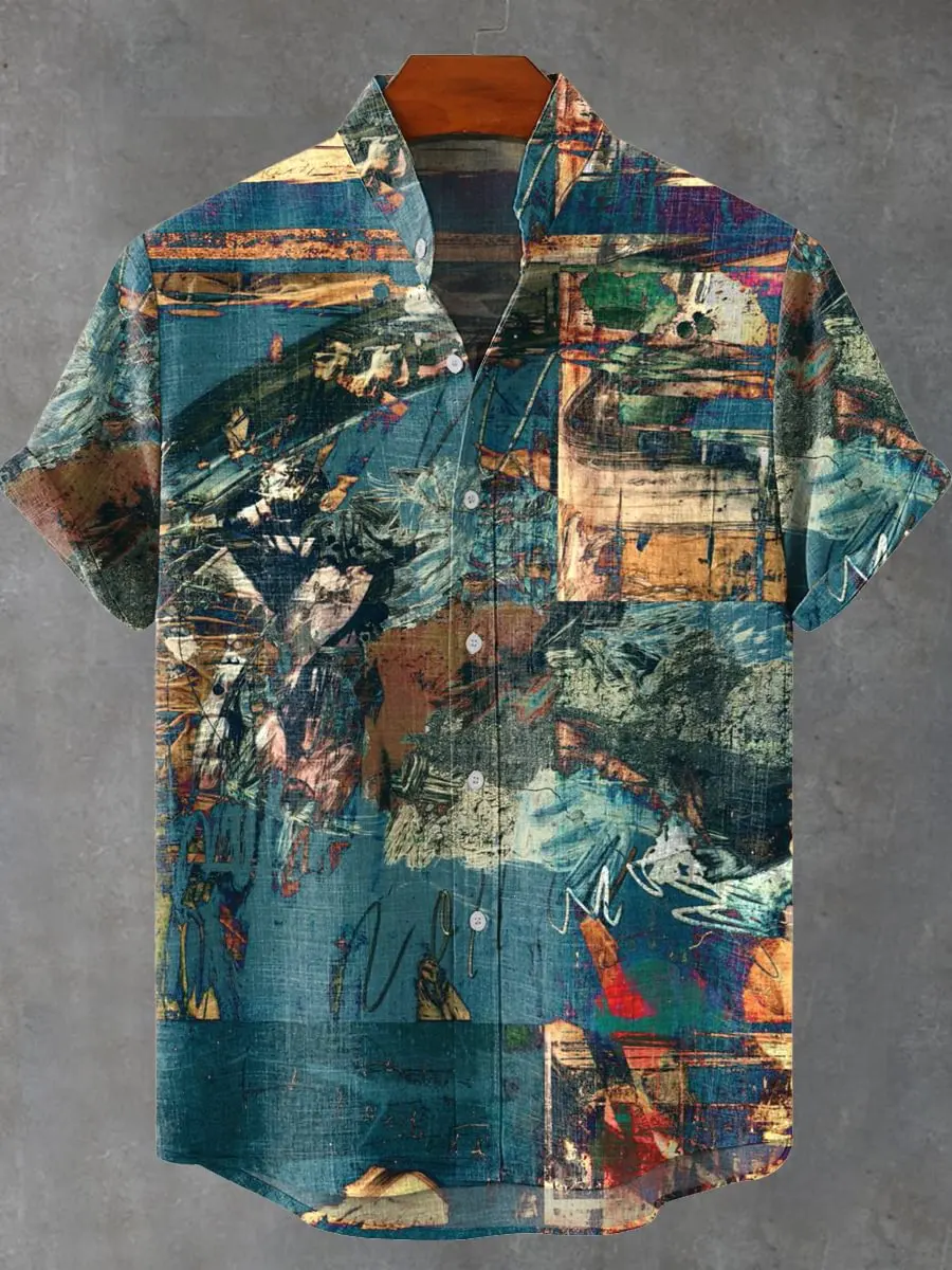 Hawaiian Striped Men's Linen Short Sleeve Shirt Casual Top 3D Tiger Printed Fashionable Men's Short Sleeve Shirt