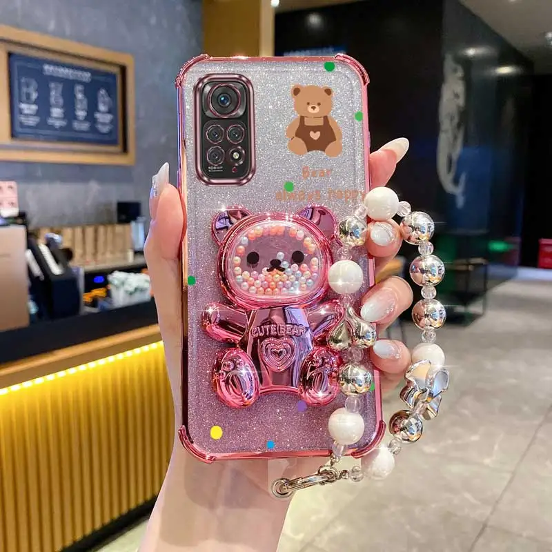 Pearl Strap Glitter Strap Bear Phone Holder Case For Xiaomi Redmi Note 11 Pro 9 9s 10 10s 11s Pro Max 4G 5G Redmi 9A 9C 9 10 10A