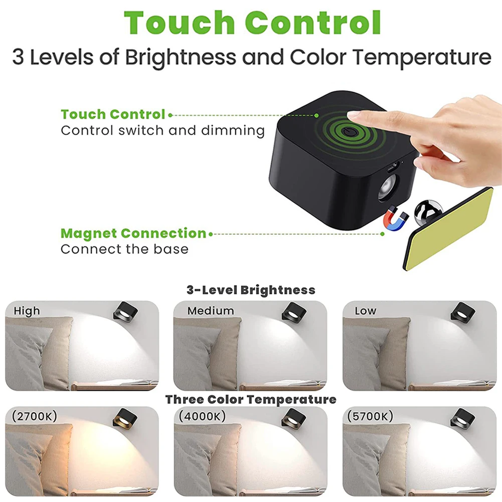 Dimmable LED arandelas de parede luz noturna sem fio 3 temperatura de cor, 2000mAh operado a bateria, toque giratório de 360 °, atacado