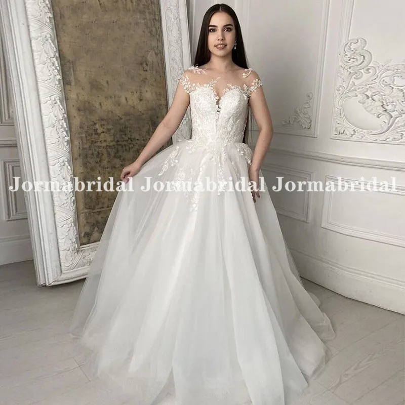 Robe de mariée de princesse Blanche en Tulle, manches courtes, col rond, coupe A-line, sur mesure