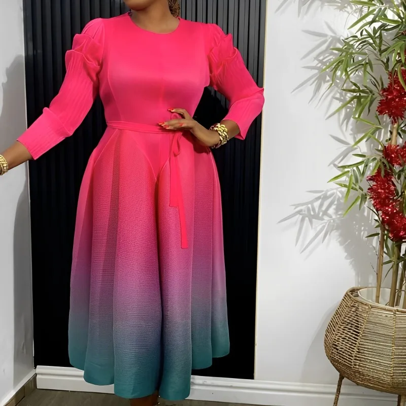 Miyake New Pleated Fashion Round Neck Lantern Sleeve Waist Slim Gradient Color Women's Dresses African Prom Stretch Long Dresses