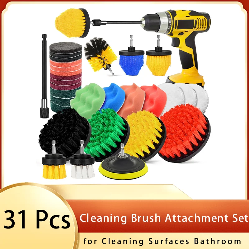 Cleaning Brush Attachment Set 31 Pcs with Scouring Pads Sponge Pad Extend Attachment for Cleaning Surfaces Bathroom Tub Tile