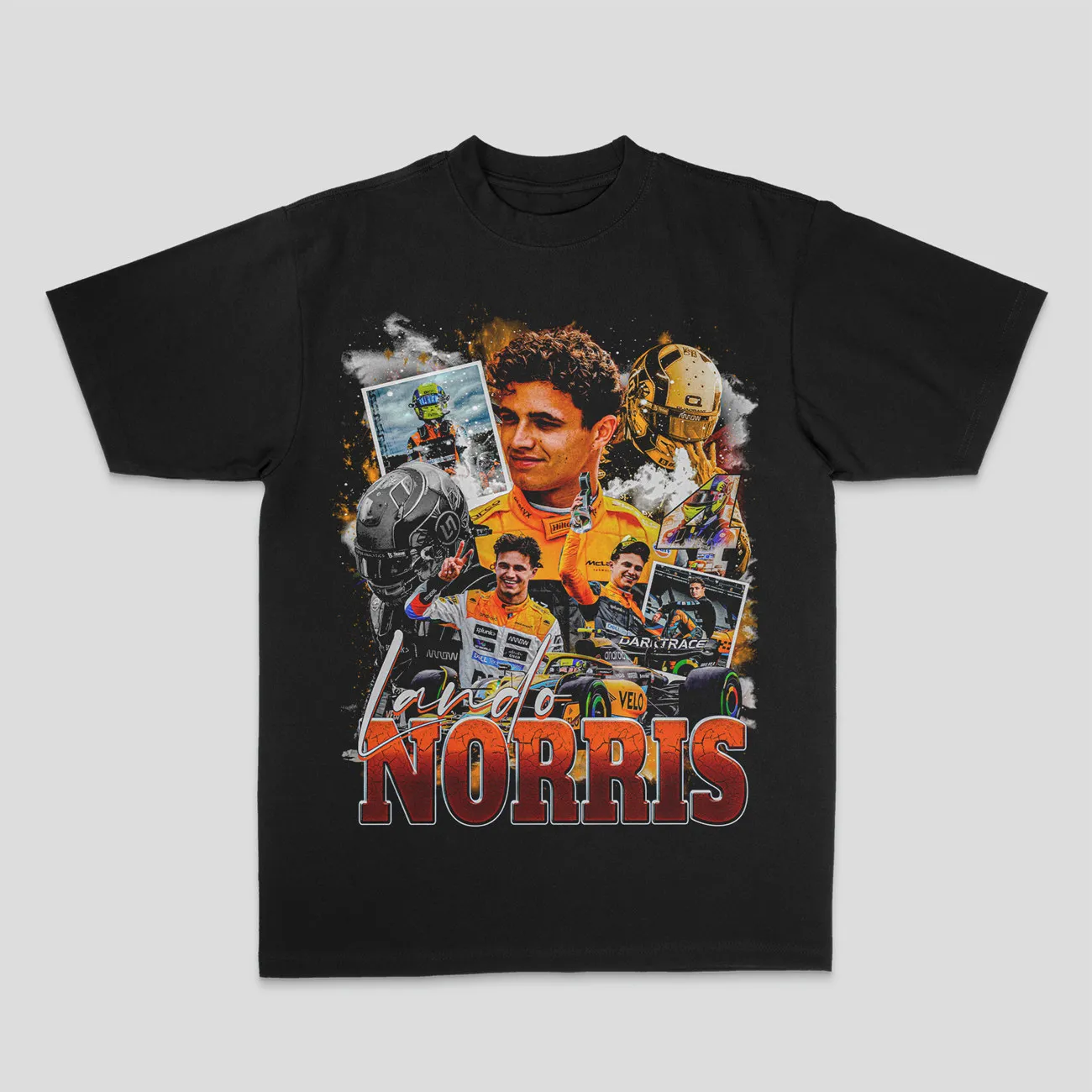 Vintage Lando Norris F1 Racer Collage Portrait Graphic Cotton Unisex Motorsport Fan Tee Shirt