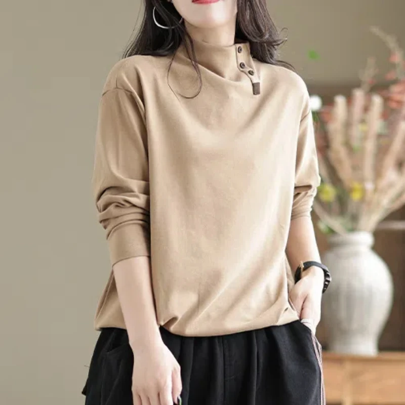 

New Loose Bottoming Shirt Spring Autumn New Long Sleeve Solid Color All-match Vintage T Shirt Tops Fashion Casual Women Clothing