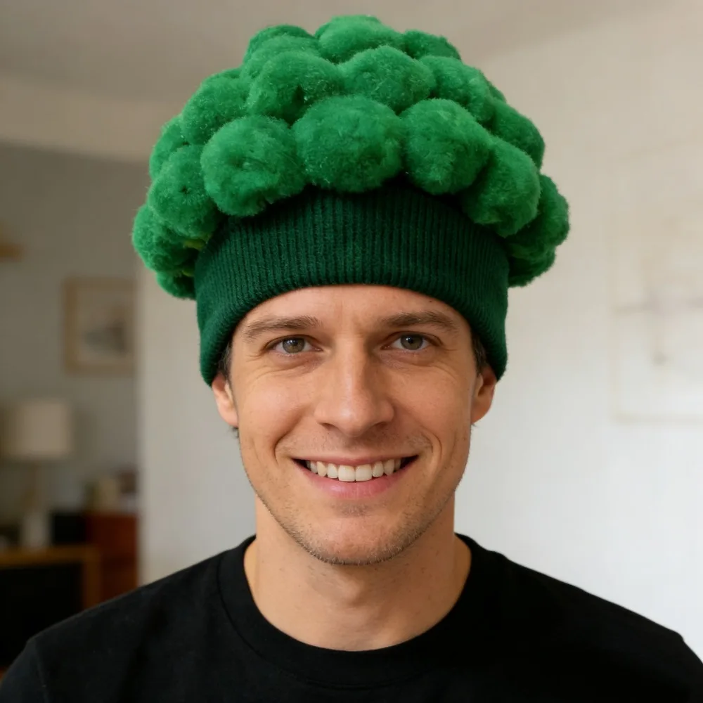 Knitted Broccoli Hat Brimless Warm Lining Vegetable Beanie Cap Coldproof Pompom Decoration Novelty Headgear Cosplay Events