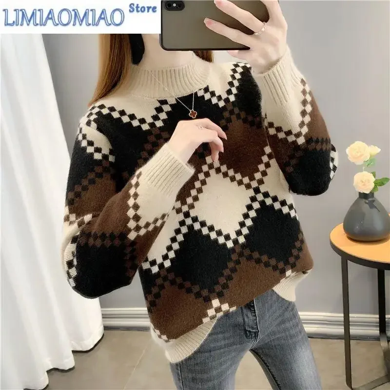 

New Autumn Winter Fashion Trend Colored Half High Neck Loose Versatile Western Style Reduced Age Women's Knitted Sweater