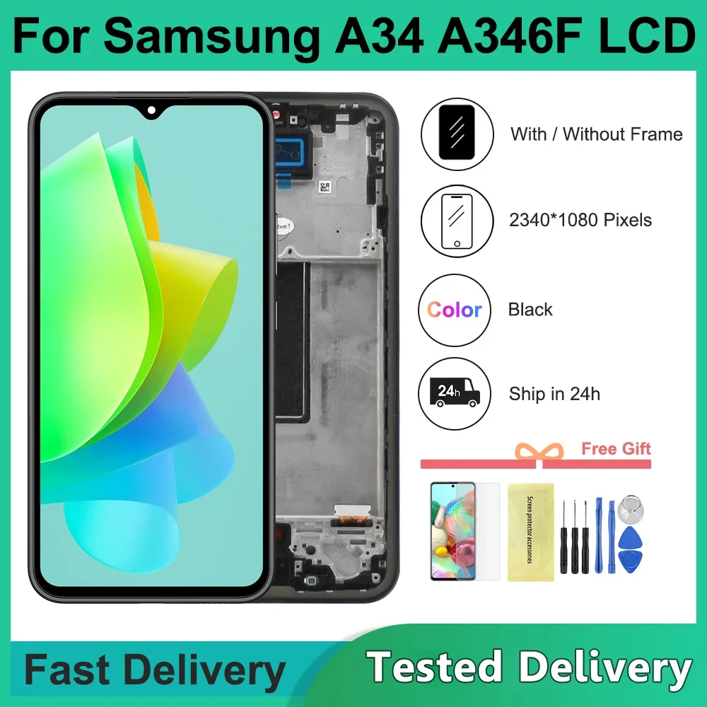 

Tested For Samsung A34 5G With Frame LCD Display A346B LCD A346U A346E Touch Screen Digitizer Assesmbly Repair Part