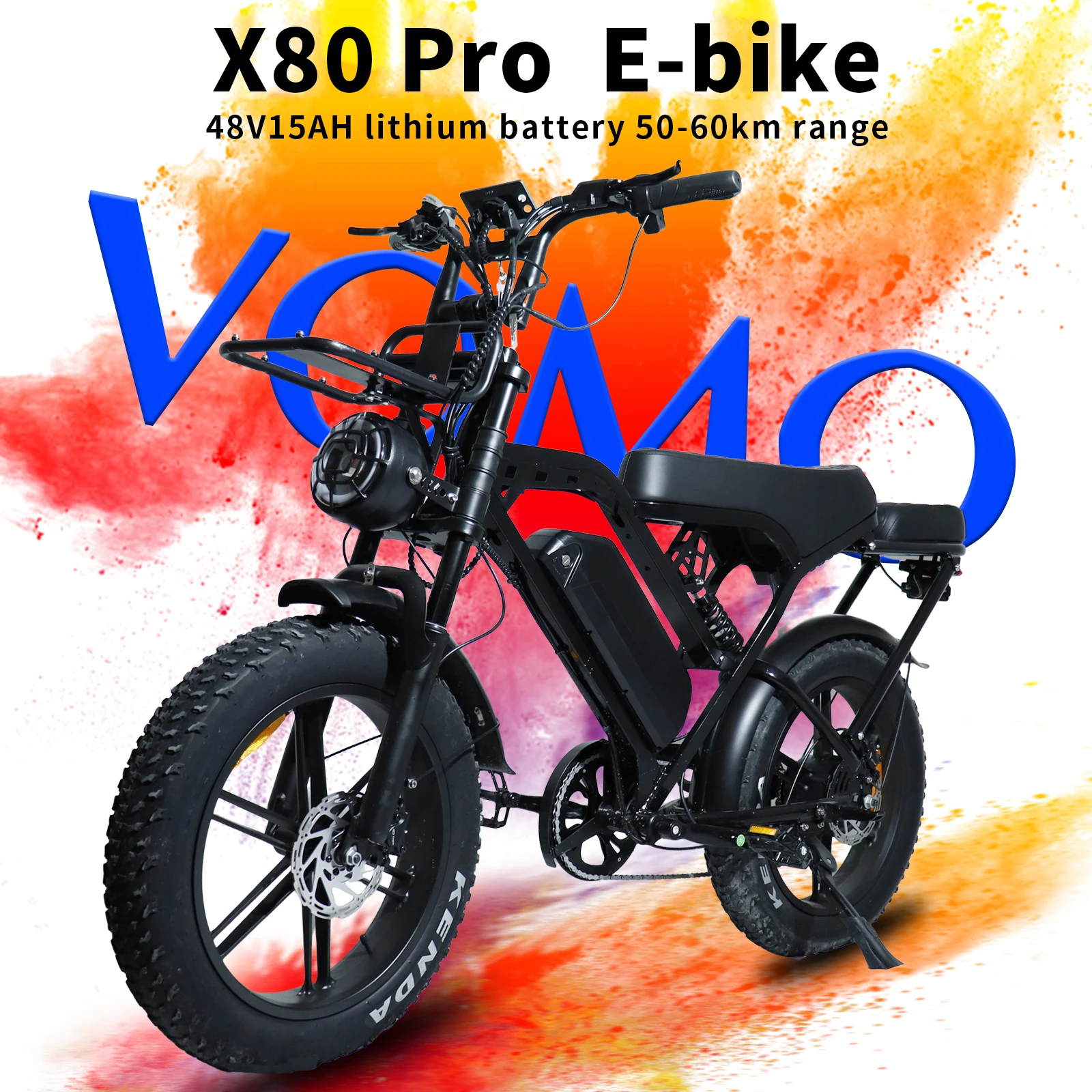 

X80Pro Ebike, 1000W motor, 50km/h, 48V15Ah removable battery, wide tires, hydraulic brakes, front and rear shock absorbers.