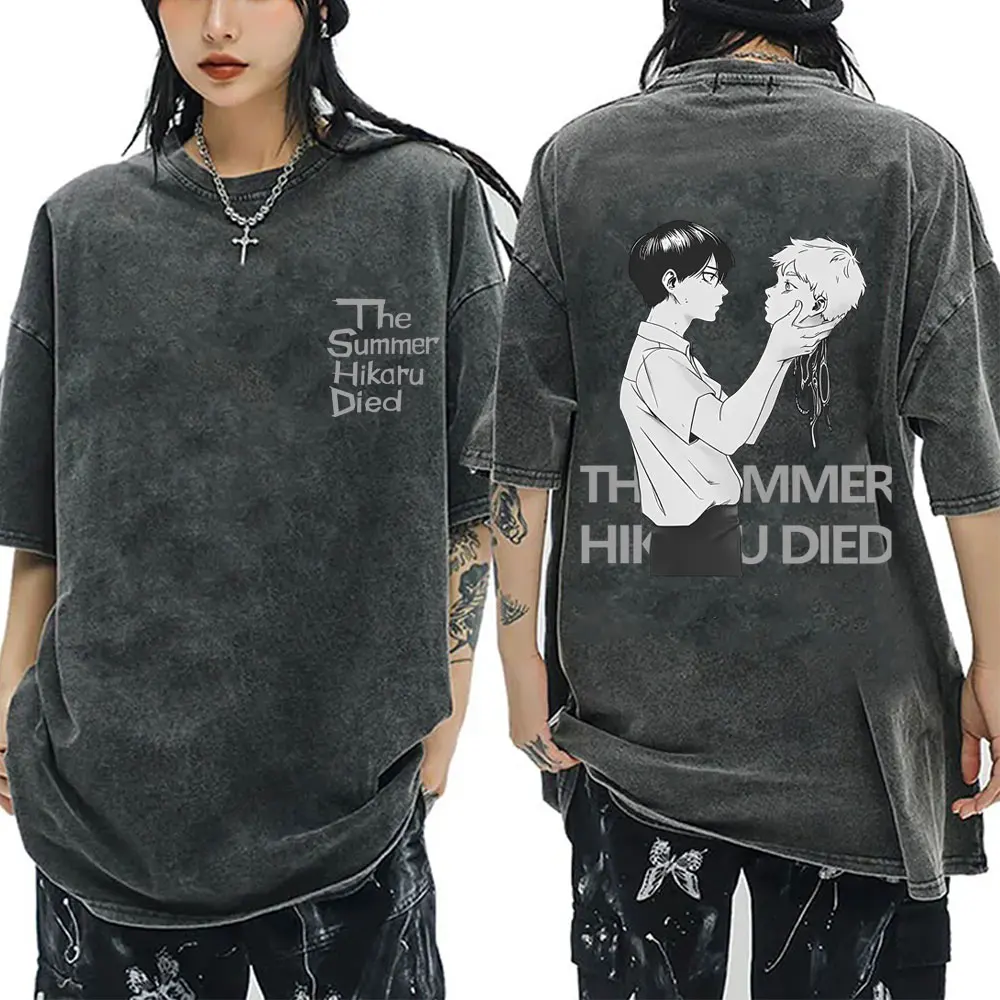 

Anime The Summer Hikaru Died Vintage Washed T-shirt Men Women Cartoon Casual Cotton T Shirts Men's Vintage Oversized Streetwear