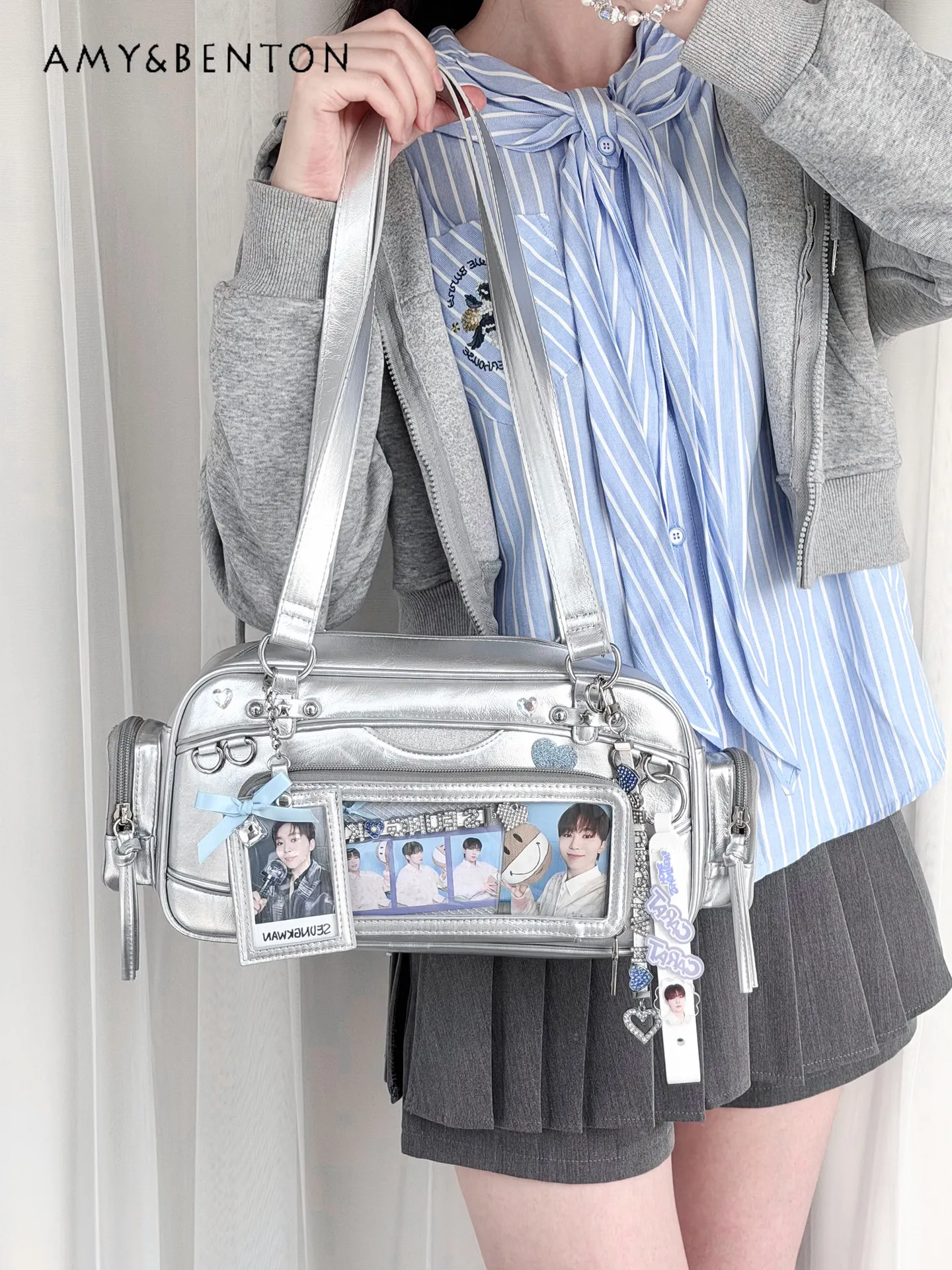 

Y2K Ita Bag Transparent Pocket JK Uniform Shoulder Crossbody Bag for Anime Badge Display Kawaii Harajuku Style School Bag Women
