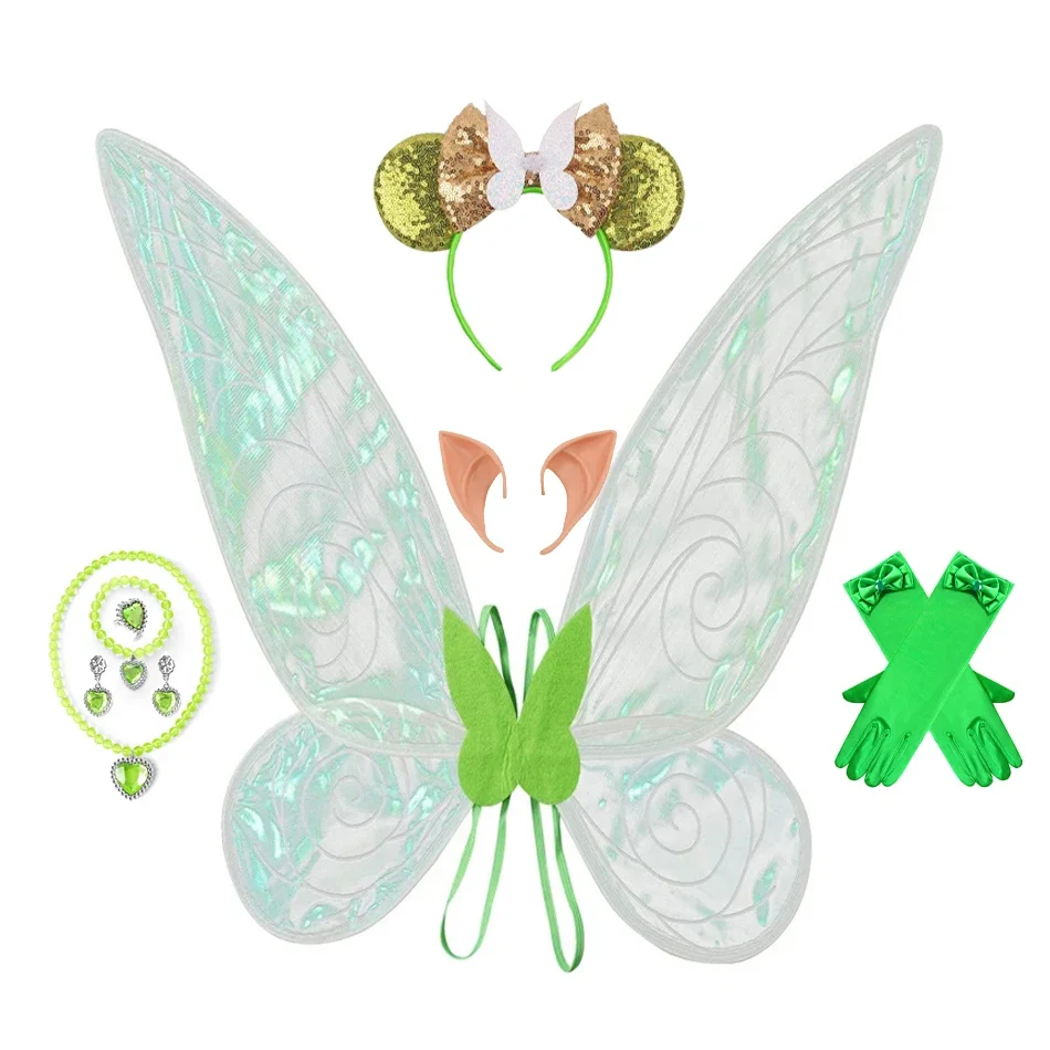 Girls Green Fairy Cosplay Props Kids Butterfly Wings Headband Necklace Bracelet Earrings Party Tinkerbell Cosplay Dress Up Sets