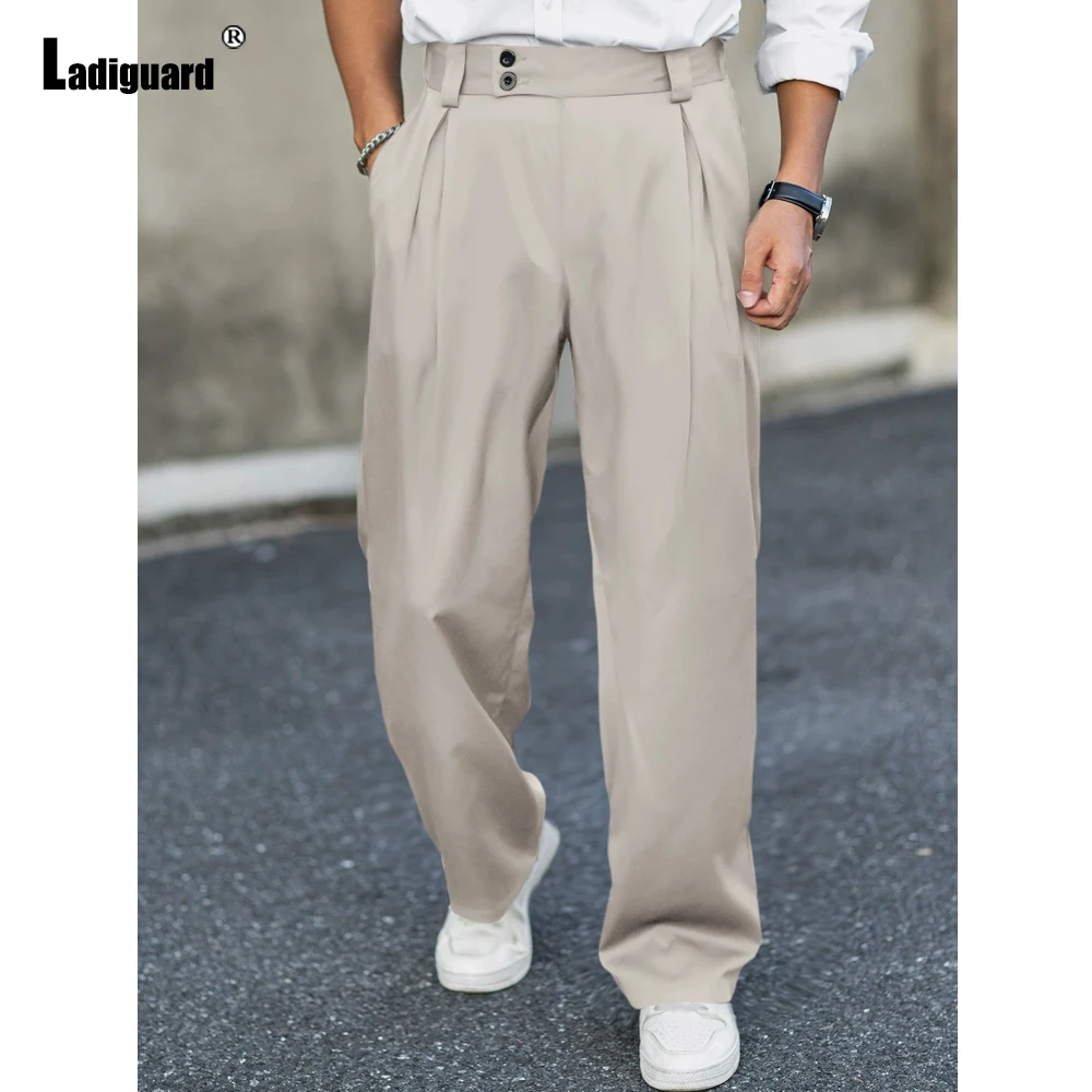 กางเกงขายาวทรงตรงสไตล์วินเทจสำหรับผู้ชายไซส์ใหญ่ Ladiguard สีเทาอ่อน ความยาวระดับข้อเท้า แฟชั่นคลาสสิก สไตล์เนเปิล กางเกงสูทพื้นฐาน รุ่นใหม่