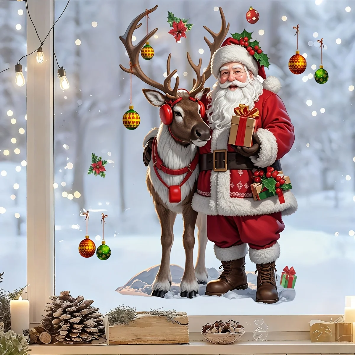 Self-Adhesive Removable Double-Sided Christmas Window Sticker Santa Claus Reindeer Holly and Snowball PVC Sticker Winter Decor view 5