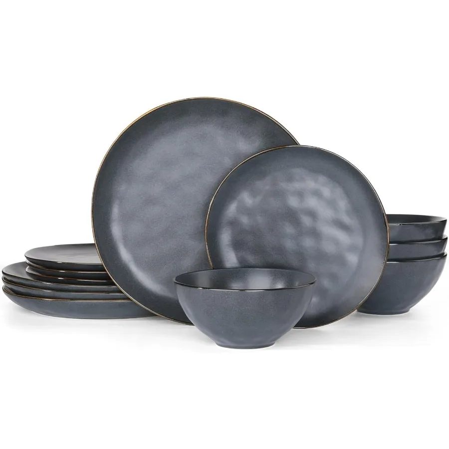 

Dinnerware Sets for 4 Ocean Round 12Piece Kitchen Plates and Bowls Sets Microwave and Dishwasher Safe Scratch Resistant Matte B