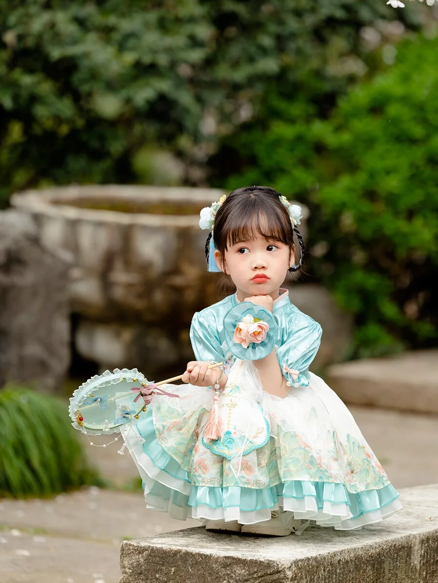 Qianli Jiangshan Hanfu ชุดฤดูร้อนของเด็กผู้หญิงชุดเดรสโลลิต้าชุดเดรสชุดจีนสไตล์จีน