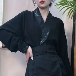 Autumn Traditional Chinese Black White Cross Collar Gold Woven Aircraft Sleeve Hanfu Shirt Women's Song Dynasty Cospaly Top