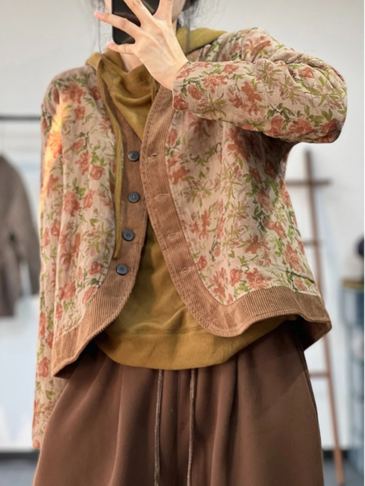 

Retro Floral ort Cotton Jaet Women's Autumn Winter Warmth Age Reduction Cotton Clothes Trendy V-ne Long Sve Loose Fit