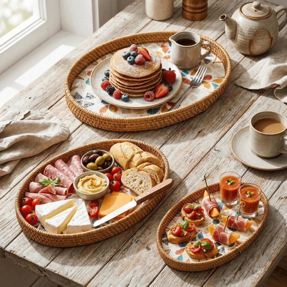 3Pcs Plant Fiber Serving Tray Flat Tray Breathable Structure Decorative Snack Tray Sturdy Woven Texture Serving Platter