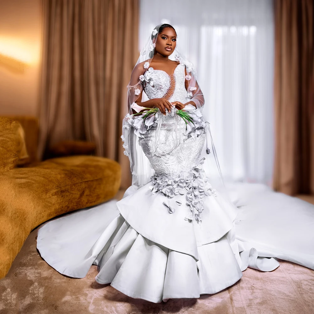 

Mermaid Plus Size Wedding Dresses Off Shoulder Sweetheart for African Black Women Lace Beaded Flowers Bridal Gowns Customized