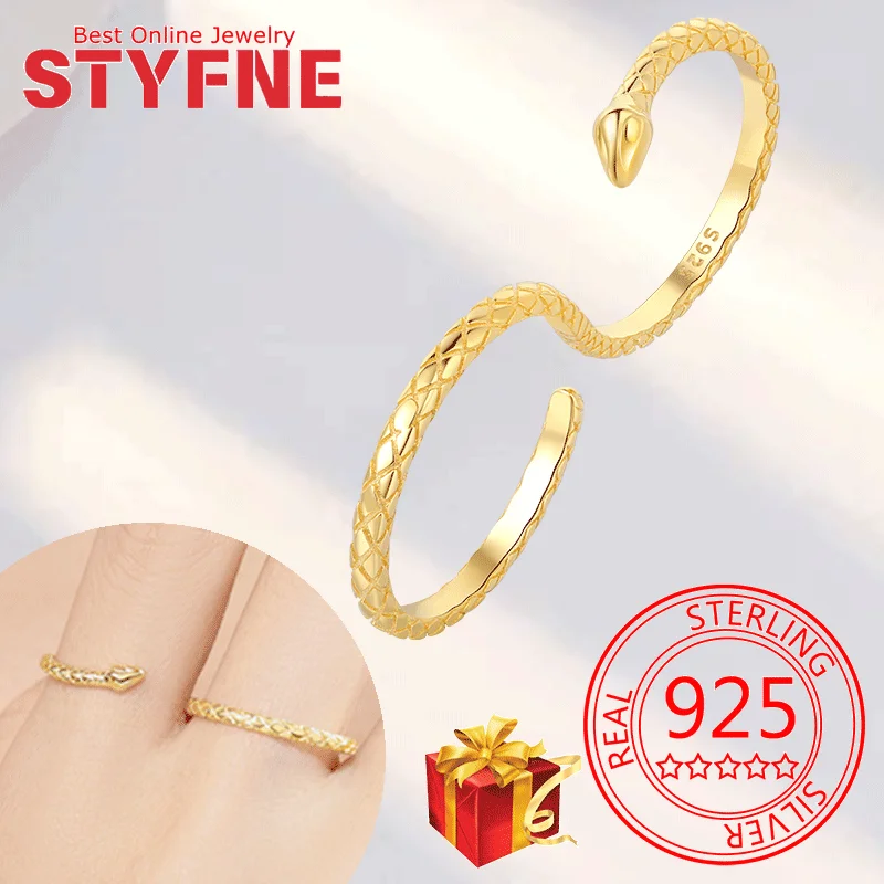 

Real 925 Sterling Silver Snake CZ Finger Adjustable Gold Ring For Women Wedding Jewelry Gifts with GIFT BOX